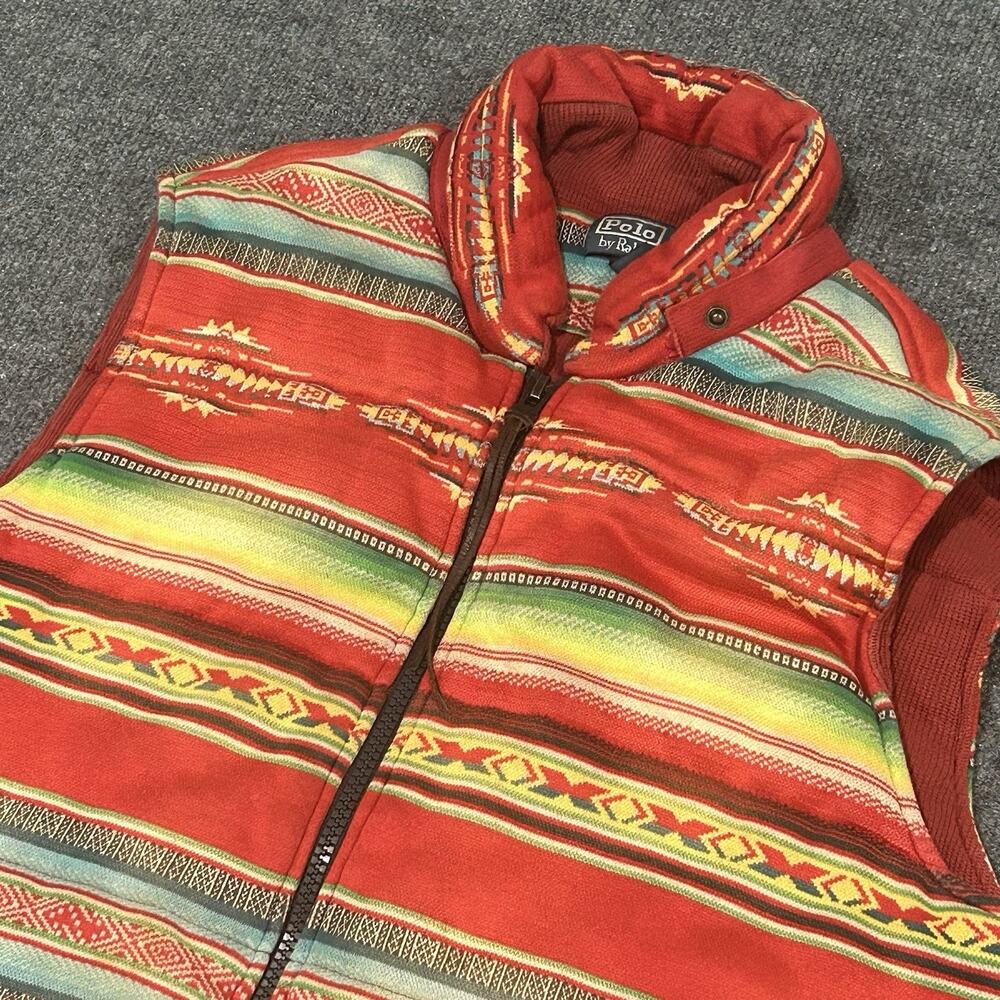 Vtg Polo Ralph Lauren Southwestern Aztec Puffer Vest Men’s L Red Cotton Gilet